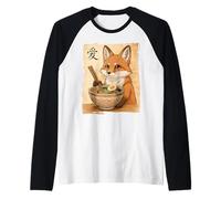 Funny Fox Eating Ramen Japanese Kawaii Anime Vintage Raglan Baseball Tee
