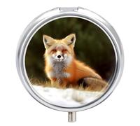 Funny Fox Pill Box 3 Compartment Small Pill Case with Mirror for Purse & Pocket Travel Medicine Organizer Daily Medication Container Portable Pillbox Metal Medicine Box Round Meds Case