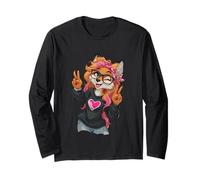 Funny Fox with Glasses Double Peace Sign Hipster Cartoon Long Sleeve T-Shirt