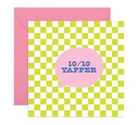 Funny Friendship Card - “10/10 Yapper” - Humorous Card for Chatty Friends, Gossip Queens, Talkative Besties, Her, Women, Girls, Colleagues, BFF - Bright Green Check - Comes with Fun Stickers