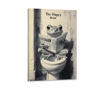 Funny Frog Bathroom Canvas Wall Art The Happy Hour Toilet Humor Poster Quirky Amphibian Animal Print for Restroom Bar Decor Black And White Sketch Style Canvas Gift 24x36inch(60x90cm) Framed