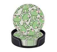 Funny Frog Coaster Set of 6 for Drinks with Holder, Country Pastoral Waterproof Non-Slip Leather Coasters for Kitchen Wooden Table Coffee Table Dinning Bar Decor