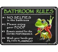 Funny Frog Metal Sign;Frog Bathroom Decor Poster;Cute Frog Gifts for Frog Lovers;Bathroom Rules Decoration Wall Art Aluminum Signs 8x12 Inch