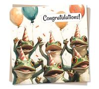 Funny Frogs Congratulations Card For A Friend Or Loved One - Dancing Frogs with Party Hat and Balloons - Card For a Friend, Best Friend, Child, Grandchild, Relative Partner - Well Done