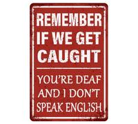 Funny Garage Decor Humor Man Cave Bar Signs, Remember If We Get Caught You're Deaf And I Don't Speak English, Vintage Metal Tin Sign Home Office Decorations 30x40 CM