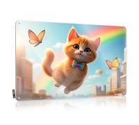Funny Garage Tin Sign Rainbow Kitten With Butterflies In The City Sky Tin Sign Vintage Bar Decor Metal Signs For Home Decor(20X30CM)