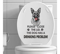 Funny German Shepherd Dog Toilet Lid Stickers, Removable Waterproof Toilet Seat Cover Decal, Please Close The Lid The Dog Has Drinking Problems Humor Decor for Lavatory Bathroom Washroom