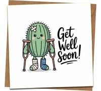 Funny Get Well Soon Card - Cute Cactus on Crutches, Blank Inside, 145mm x 145mm Square, with Kraft Envelope - Recovery, Hospital, Injury, Thinking of You Greeting Card