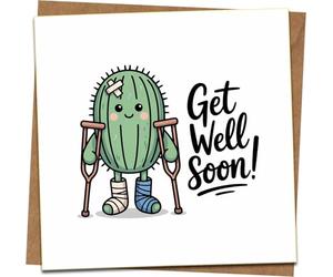Funny Get Well Soon Card - Cute Cactus on Crutches, Blank Inside, 145mm x 145mm Square, with Kraft Envelope - Recovery, Hospital, Injury, Thinking of You Greeting Card