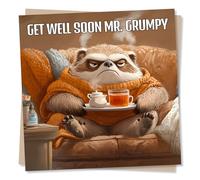 Funny Get Well Soon Card For a Loved One - Grumpy, Racoon, Sick, Tea - For a Friend, Relative, Colleague