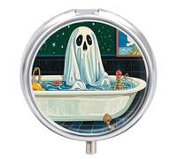 Funny Ghost in The Bathtub Pill Box 3 Compartment Small Pill Case with Mirror for Purse & Pocket Travel Medicine Organizer Daily Medication Container Portable Pillbox Metal Medicine Box Round Meds Cas