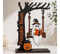 Funny Ghost Swing Wooden Ornament - Ghost Reading on Swing with Haunted Tree, 7.48" Wood Spooky Reading Ghosts Tabletop Figurine Halloween Bookshelf Decor, Gifts for Bookworms Librarians