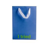 Funny Gift Bag - 11 x 8 x 4 inch Kraft Paper Bag with "I tried" Print - Gag Gift Wrap for Birthdays, Holidays, Office Parties - Durable Party Gift Wrap for Mother's Day, Father's Day - Blue