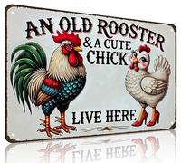 Funny Gifts for Women Chicken Lovers Farm Enthusiasts An Old Rooster And A Cute Chick Live Here Chicken Tin Sign for Chicken Coop Farm Kitchen Garden Yard Decor 8 X 12 Inch
