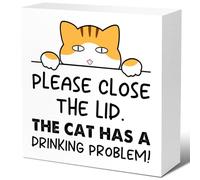 Funny Ginger cat Bathroom Wood Block Signs,Rustic Please Close the Lid the Cat Has A Drinking Problem Wooden Box Sign for Bathroom Shelf Toilet Restroom Home Tabletop Desk Decor