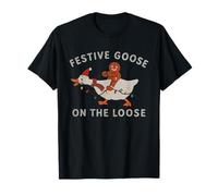 Funny Gingerbread Riding Festive Goose on The Loose Xmas T-Shirt