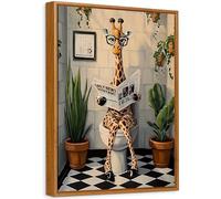 Funny Giraffe Bathroom Framed Canvas Wall Art Giraffe Reading the Newspaper on Toilet Painting Prints for Wall Poster Humor Animal Pictures for Kids Room WC Toilet Decor 30x40cm (No Acrylic Glass)