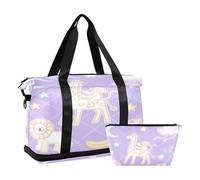 Funny Giraffe Monkey Purple Checker Foldable Sports Tote Gym Bag Overnight Weekender Bags with Toiletry Bag for Business Trips