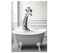 Funny Giraffe Wall Art - Black White Giraffe In Bathtub Wall Art - Watercolor Giraffe Print - Large 11x14 Size - Funny Bathroom Wall Decor - Animal Bathroom Pictures - Funny Bathroom Art - Giraffe Art