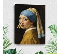 Funny Girl with a Pearl Earring, Bathroom Canvas Wall Art, Holding Nose, Wall Decoration, Humorous Girl Painting, Picture, Quirky, Amusing, Toilet Art Poster, Poster Print for