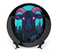 Funny Goat with Neon Eye Bone China Decorative Plate with Display Stand Ceramic Dinner Plates Wall Decor for Home Kitchen 10inch