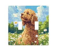 Funny Golden Doodle Dog Decorative Switch Cover Plate 2 Gang Double Toggle, Spring Pixel Daisy Chien Electrical Faceplate for Bedroom Bathroom Decor, Puppy Standard Size Switchplate