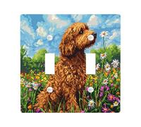 Funny Golden Doodle Dog Switch Cover Wall Plate 2 Gang Double Toggle, Spring Pixel Daisy Chien Electrical Faceplate for Bedroom Bathroom Decor, Puppy Standard Size Switchplate