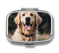 Funny Golden Retriever Pill Box - 2 Compartment Travel Pill Organizer with Small Mirror, Portable Pillcase for Pocket & Purse, Cute Square Medicine Case, Weekly Medicine Container