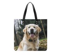 Funny Golden Retriever PU Leather Tote Bag, Lightweight Spacious Carryall Tote with Soft Touch Material, Durable Reusable Handbag for Work Travel Shopping Weekend Activities