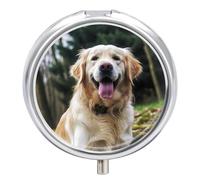 Funny Golden Retriever Travel Pill Box Case 3 Compartment Cute Pill Organizer Metal Pill Holder with Mirror Small Medicine Organizer Daily Pill Container for Purse Pocket Portable Meds Box