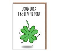 Funny Good Luck Card - Four-Leaf Clover for Luck - 'I Be-leaf In You' - For Driving Test - Exams - New Job - Bon Voyage - Travelling - For Him Her Colleague