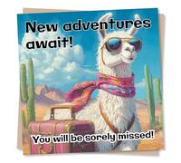 Funny Good Luck or Goodbye Card For Loved One - Llama, Desert, Sunglasses, Funky, Suitcase, Leaving, New Job - New Adventures Await You Will Be Sorely Missed - For Colleague, Relative, Friend