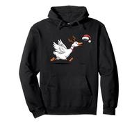 Funny Goose with reindeer antlers chasing santa hat Pullover Hoodie
