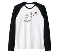 Funny Goose with Reindeer Antlers Chasing Santa hat Raglan Baseball Tee