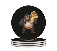 Funny Gorilla Carrying Ta-co Mexican Food Round Ceramic Coasters Non-Slip Cork Base Drinks Holder Craft 4PCS