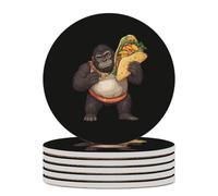 Funny Gorilla Carrying Ta-co Mexican Food Round Ceramic Coasters Non-Slip Cork Base Drinks Holder Craft 6PCS