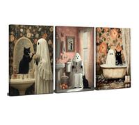 Funny Gothic Ghost Wall Art Halloween Bathroom Wall Decor Horror Ghost and Black Cat in Bathroom Pictures Canvas Prints Dark Academia Poster Framed Artwork for Bedroom Toilet Home Decoration 12x16 3P