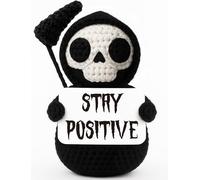 Funny Gothic Grim Reaper Crochet Plush - Spooky Cute Halloween Decor & Dark Humor Gift - Stay Positive Sarcastic Desk Sign for Coworkers Friends White Elephant