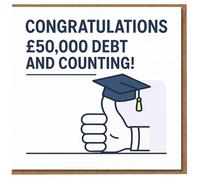 Funny Graduation Congratulations Card - 'Congratulations £50,000 Debt and Counting!' Humorous Student Loan Uni Graduate Greeting Card