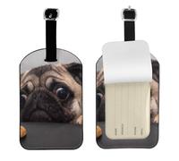 Funny Greedy Dog Pug,Luggage Tags Pu Leather Name Tag Travel Suitcase Identifier ID Tags Durable Baggage Label 2 pcs
