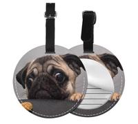 Funny Greedy Dog Pug,Luggage Tags Pu Leather Name Tag Travel Suitcase Identifier ID Tags Durable Baggage Label 2 pcs