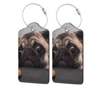 Funny Greedy Dog Pug,Luggage Tags Pu Leather Name Tag Travel Suitcase Identifier ID Tags Durable Luggage Label 2 pcs