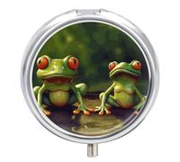 Funny Green Frogs Pill Box 3 Compartment Portable Travel Pill Case with Mirror Round Metal Medicines Storage Container Pocket Medicine Box to Hold Vitamins Fish Oil