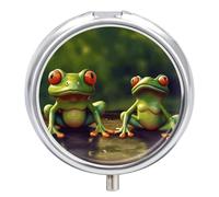 Funny Green Frogs Pill Box Case 3 Compartment Travel Medicine Pill Organizer 3x A Day Portable Vitamin Organizer with Mirror Small Pillbox for Purse & Pocket Cute Daily Medicine Container Metal Vitami