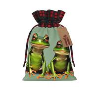 Funny Green Frogs Print Christmas Party Gift Bags, Linen Drawstring Xmas Holiday Wedding Treat Candy Jewelry Sacks, Color Blocking Plaid Fabric