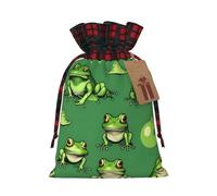 Funny Green Frogs Print Christmas Party Gift Bags, Linen Drawstring Xmas Holiday Wedding Treat Candy Jewelry Sacks, Color Blocking Plaid Fabric