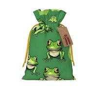 Funny Green Frogs Print Drawstring linen gifts bag for Christmas Party,holiday packaging presents bags.