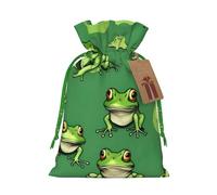 Funny Green Frogs Print Drawstring linen gifts bag for Christmas Party,holiday packaging presents bags.