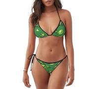 Funny Green Frogs Print Women String Bikini Set Halter Side Tie Two Piece Swimsuit Triangle Bathing Suits1016