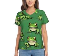 Funny Green Frogs Print Womens Short Sleeve V Neck T-Shirts Casual Breathable Tee Basic Summer Top 2026